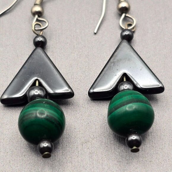 VTG Malachite & Hematite Drop Earrings 2" Sterling Silver Hook Closures - Picture 2 of 6